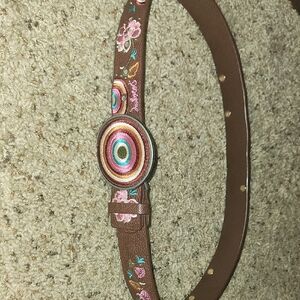 DESIGUAL Women's Brown Embroidered Leather Belt with Multicolor Medallion